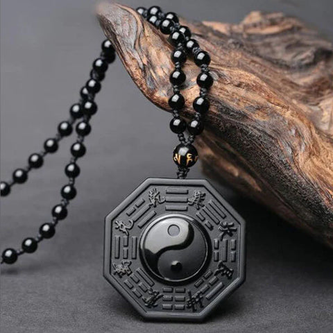 Buddha Stones Black Obsidian Stone Yin Yang Pendant Necklace