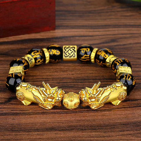 Buddha Stones FengShui Double PiXiu Obsidian Om Mani Padme Hum Wealth Bracelet