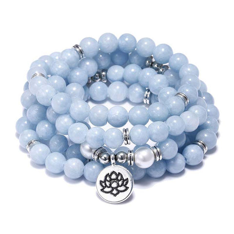 Buddha Stones 108 Mala Beads Aquamarine Healing Bracelet