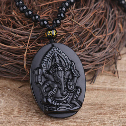 Buddha Stones Tibetan Obsidian Ganesh Ganpati Elephant Wealth Amulet Necklace