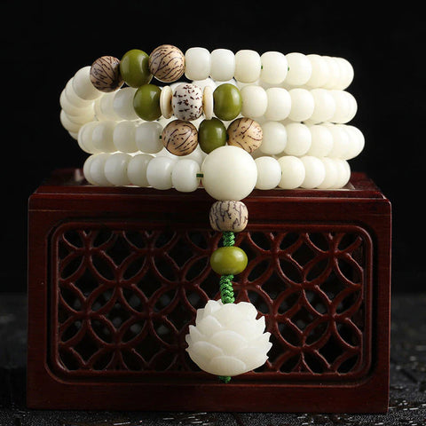 Buddha Stones White Jade Bodhi Lotus Mala Harmony Necklace Bracelet