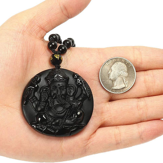 Black Obsidian Ganesh Ganpati Elephant Protection Pendant Necklace