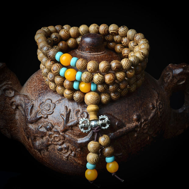 108 Beads Mala Wenge Wood Turquoise Amber Peace Meditation Bracelet