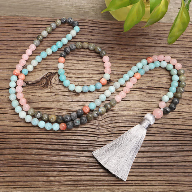 108 Mala Beads Amazonite Black Glitter Stone Positive Tassel Bracelet