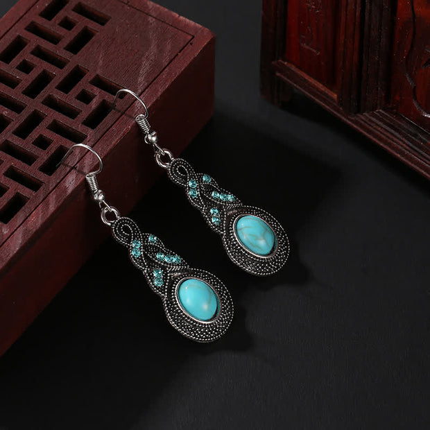 Vintage Blue Rhinestones Inlaid Turquoise Stone Love Dangle Earrings Necklace