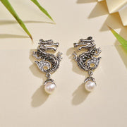 925 Sterling Silver Dragon Pearl Bead Success Protection Drop Dangle Earrings