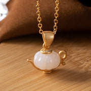 925 Sterling Silver White Jade Pumpkin Kettle Blessing Necklace Pendant
