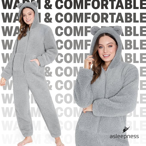 Varmt Grå jumpsuit heldragt, pyjamas, nattøj og fritidstøj i fleece med lange ærmer og hætte