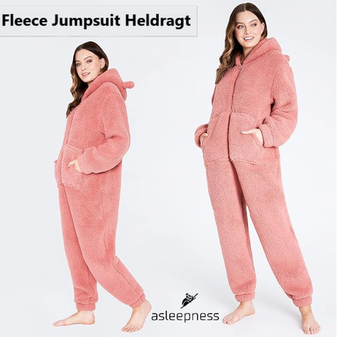 Ultra let Jumpsuit heldragt, pyjamas, nattøj og fritidstøj i pink lavet i fleece med lange ærmer og hætte