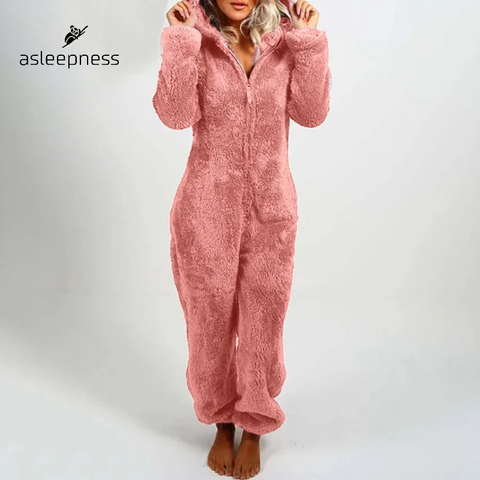 Jumpsuit heldragt, pyjamas, nattøj og fritidstøj i pink lavet i fleece med lange ærmer og hætte