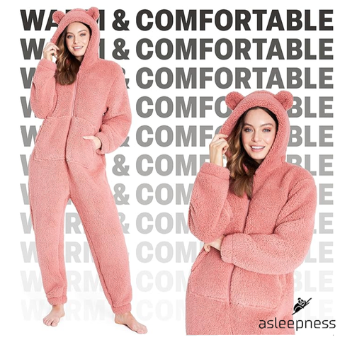 Varmt Jumpsuit heldragt, pyjamas, nattøj og fritidstøj i pink lavet i fleece med lange ærmer og hætte