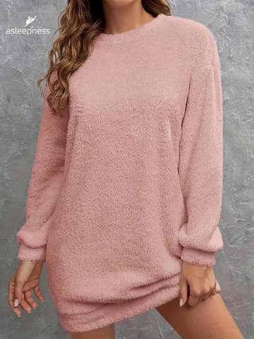 Elegant rosa Fleece Teddy Lang Hyggetrøje med rund hals