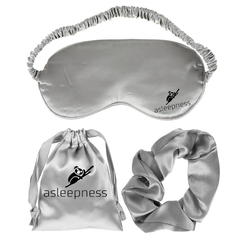Sovemaske og øjenmaske i silver grå i 100% silke