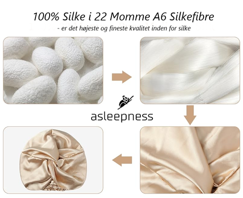 Guld sovehætte og hårhætte i 100% Mulberry 22 Momme A6 Silkekvalitet med dobbelt silkeside og elastik