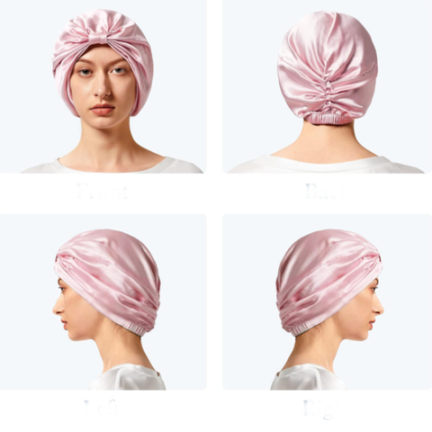 Pink hårhætte og sovehætte i 100% Mulberry 22 Momme A6 Silkekvalitet med dobbelt silkeside og elastik.
