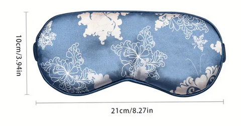 Mål af Silke sovemaske og øjenmaske i mulberry i blå med mønster
