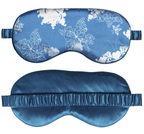 Silke sovemaske og øjenmaske i mulberry i blå mønster