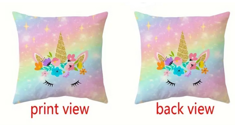 Enhjørning pudebetræk til børn med stjerner og regnbue med dobbelt print