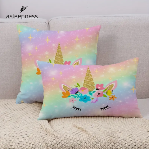 Enhjørning pudebetræk til børn med stjerner og regnbue i polyester