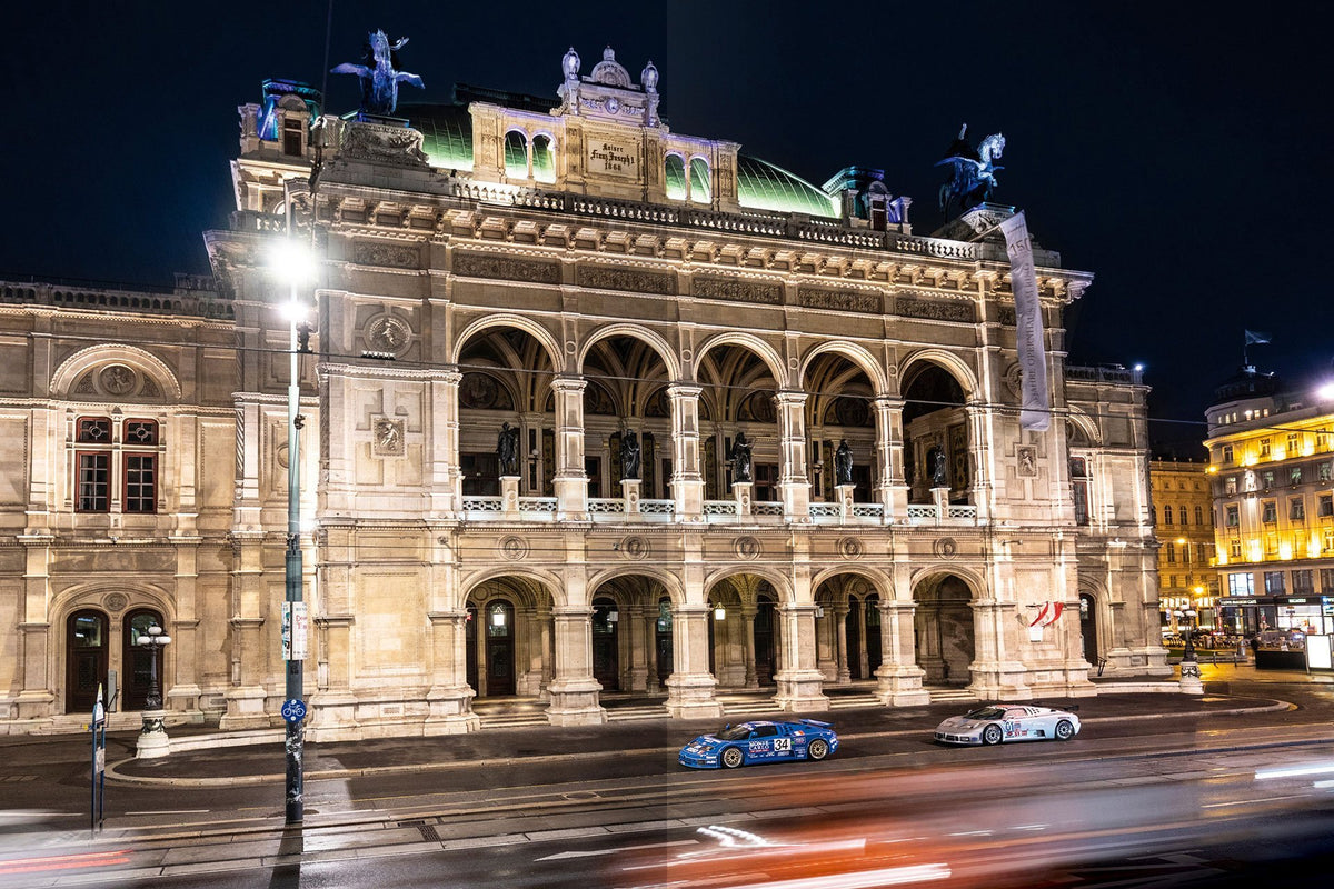 Two The Bugatti EB110 Le Mans cars in Vienna at night