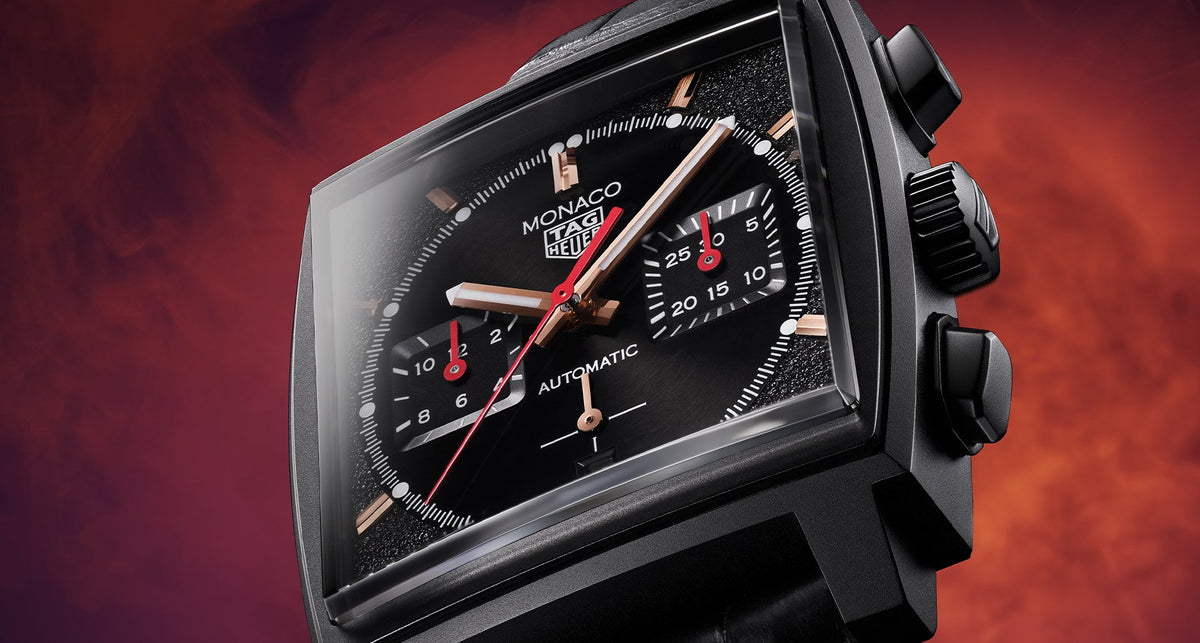 A close up of the face of the TAG Heuer Dark Lord