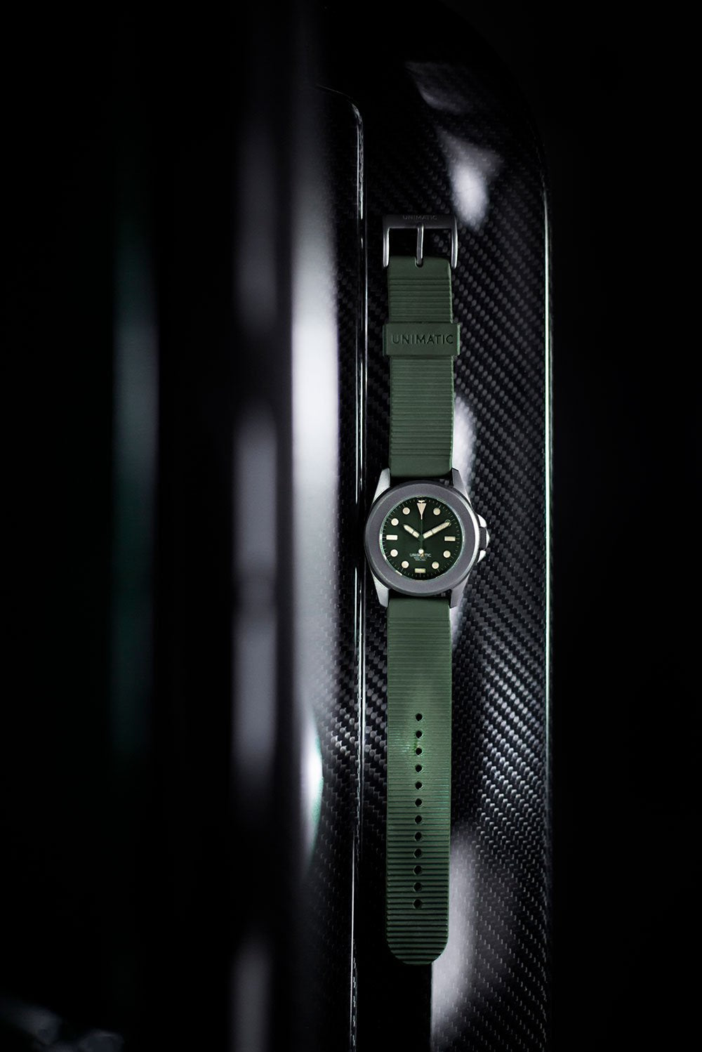 A product shot of the Unimatic x Automobili Amos collaboration watch