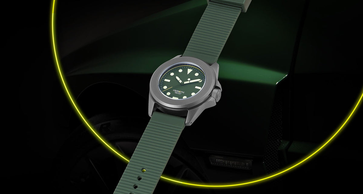 A product shot of the Unimatic x Automobili Amos collaboration watch