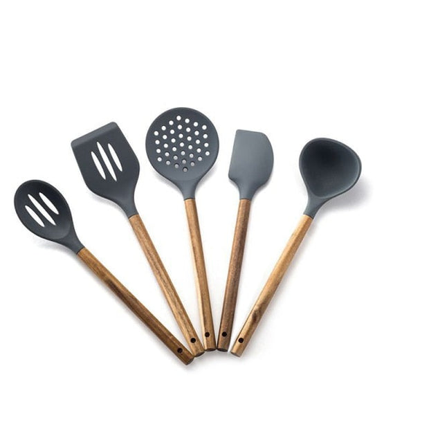 Black Silicone Spatula Set - Wooden handles (8 Pcs)