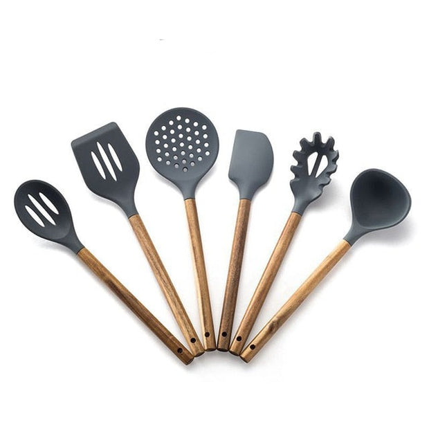 Silicone Cooking Utensils Set Black Non-Stick Spatula Shovel Wooden Handle  Cooking Set With Storage Box Kitchen Tool Accessories