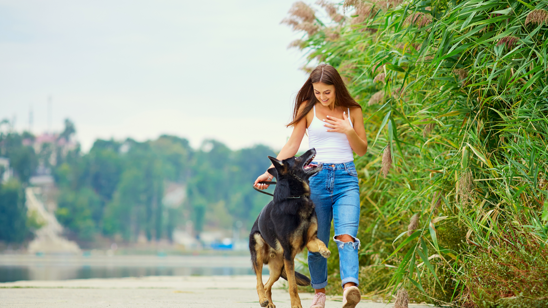 woman walking with her dog