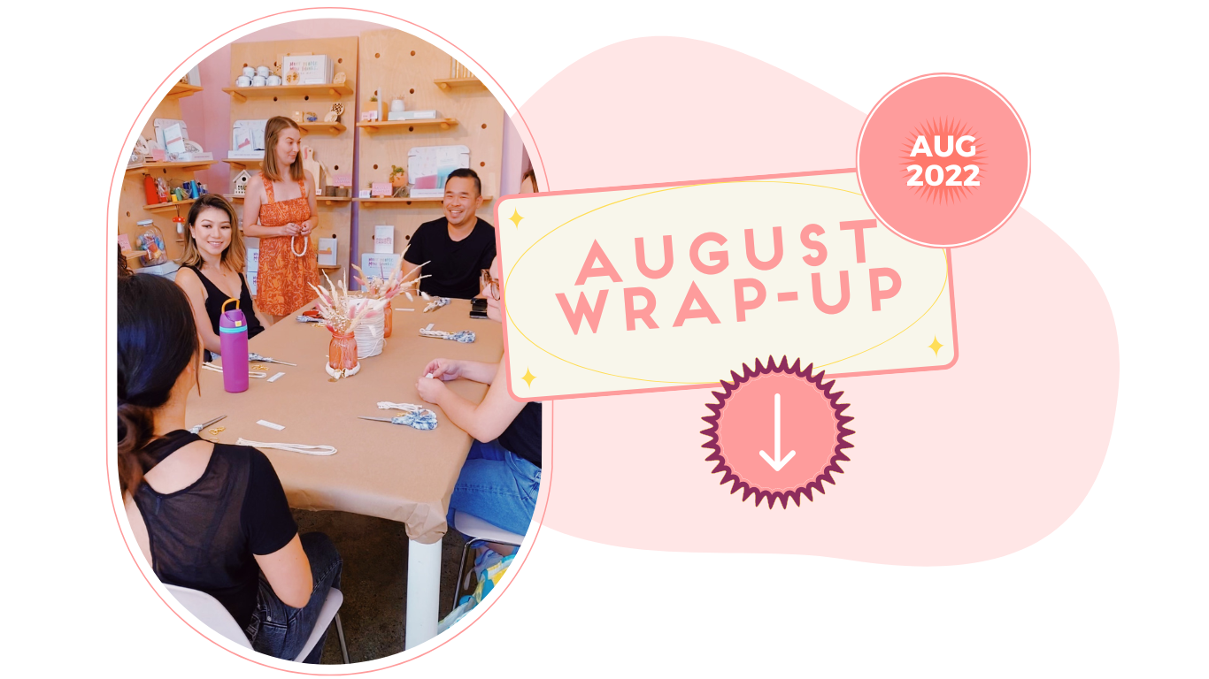 August Wrap Up 2022, people sit around a table with macrame supplies