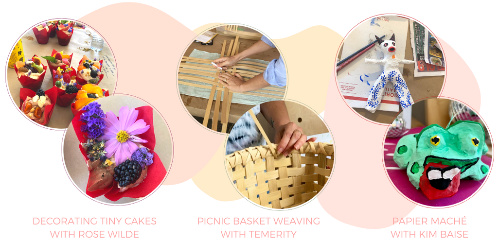 crafting at various workshops: Decorating Tiny Cakes with Rose Wilde, Picnic Basket Weaving with Temerity, Papier Mache with Kim Baise