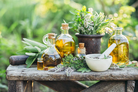 a variety of herbs and garnishes on a bench