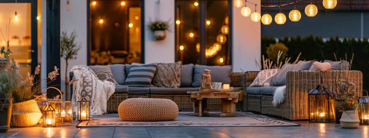 Softly lit patio with wicker sofas, lanterns, and globe lights creates a warm gathering space featured in the 10 Outdoor Living Space Ideas for Summer