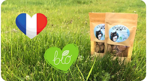 Deux sachets de biscuits BIO Oria & Co sont posés sur le sol.