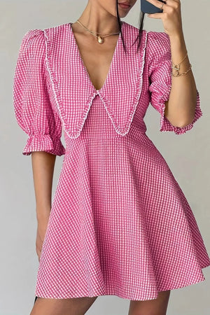 Gingham Puff Sleeve Mini Dress - Blazing Beauty