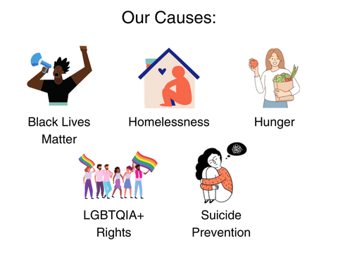 Our Causes: Black Lives Matter, homelessness, hunger, LGBTQIA+ rights, suicide prevention