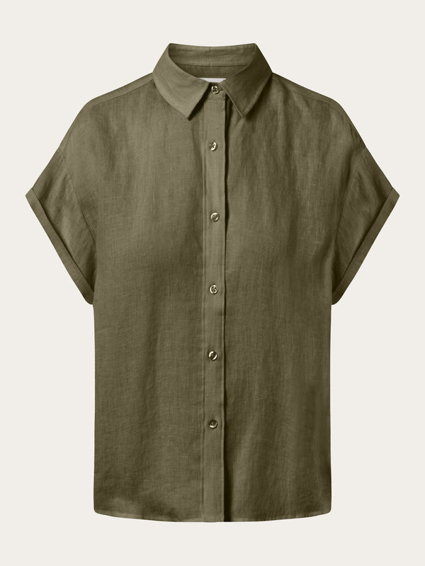 KnowledgeCotton Apparel - WMN ASTER fold up short sleeve linen shirt Shirts 1068 Burned Olive