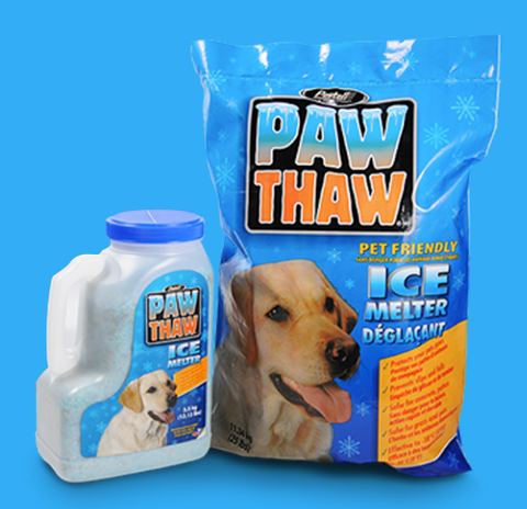 Paw Thaw pet-safe ice melt products, bag and jug