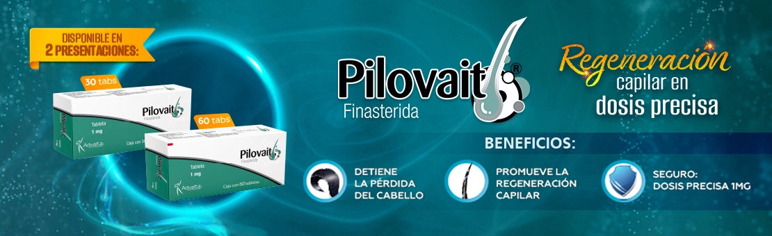 Pilovait finasterida 1mg en presentaciones de 30 y 60 tabletas, tratamiento para la caída del cabello con beneficios como detener la pérdida capilar, promover la regeneración y ofrecer una dosis precisa y segura.