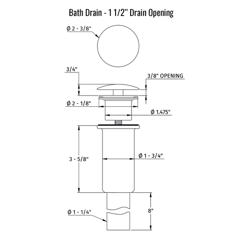 Stainless bath sink drain specification sheet with dimensions