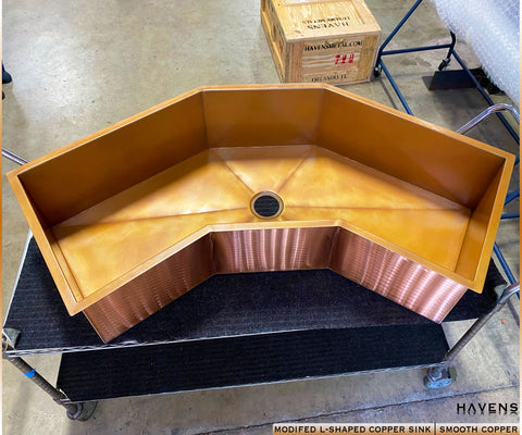 Custom copper corner sink by Havens Luxury Metals, made from 14 gauge American pure copper.