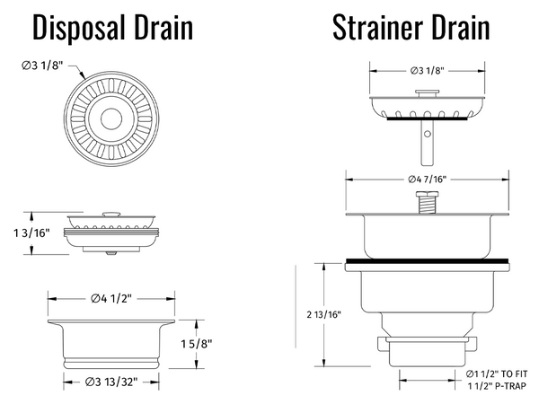 Specification sheet with dimensions on standard 3.5" sink opening stainer and disposal drain.