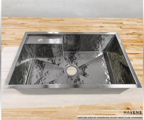 Custom stainless steel faucet deck sink with left side placement