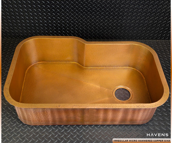 Irregular shaped Americast replacement sink in micro hammered copper by Havens