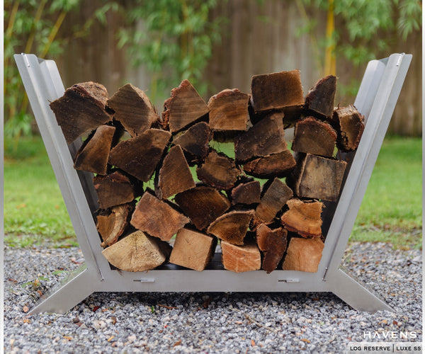 Stainless steel log holder for fire pits by Havens Luxury Metals