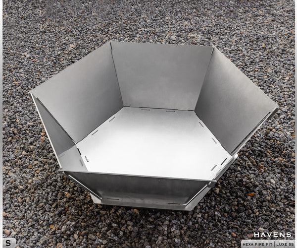 Hexa stainless steel fire pit by Havens Luxury Metals. Collapsible fire pit that can be taken apart