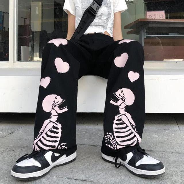Casual Pants Women Love Skull Bone Print Wide Leg Pants  CatchMySwag Black L 