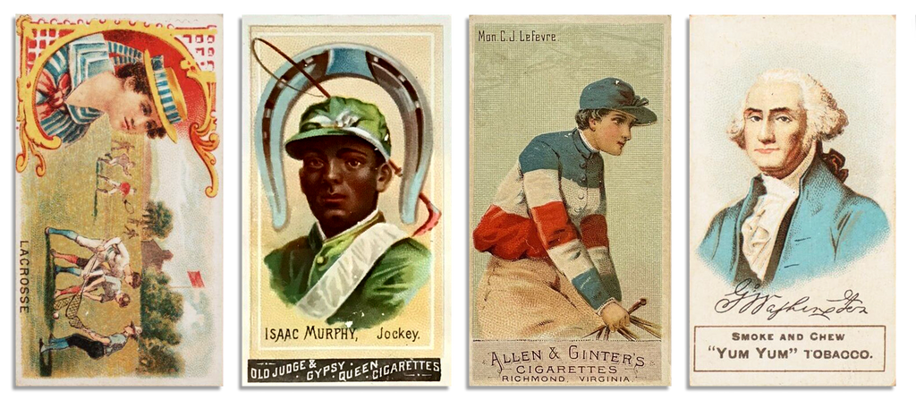 Four vintage-style trading cards from the 1800s displayed on a white background. The collection includes a lacrosse player card, an Isaac Murphy Jockey card, a C.J. Lefevre card from Allen & Ginter's series, and a George Washington card from the Yum Yum Tobacco series. Each card features the classic design typical of tobacco cards from that era