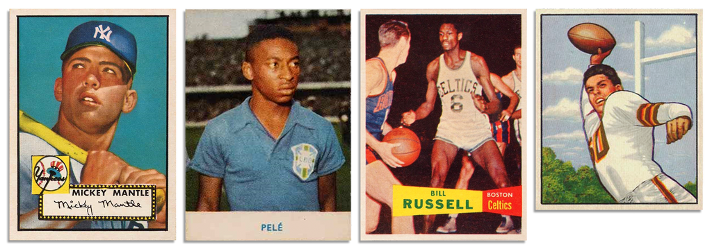 Four vintage sports cards displayed on a white background, featuring a 1952 Topps Mickey Mantle, a 1958 rookie card of Pelé, a 1957 Topps Bill Russell, and a 1952 Bowman Otto Graham. Each card showcases a detailed illustration of the athlete in action or a portrait, highlighting the distinct visual style of mid-20th-century sports trading cards